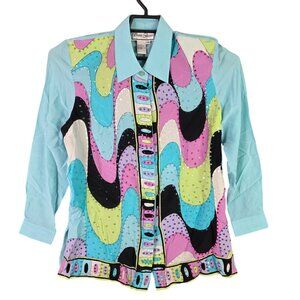 Womens Vintage Diane Gilman Multicolor Abstract 100% Silk Shirt Button Up Size M